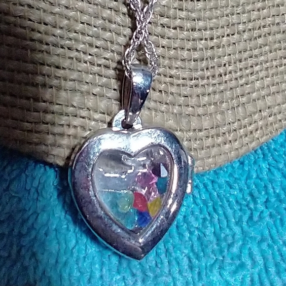 Silver Heart Locket Necklace Family with Multicolor Colorful Gemstones - Picture 4 of 5